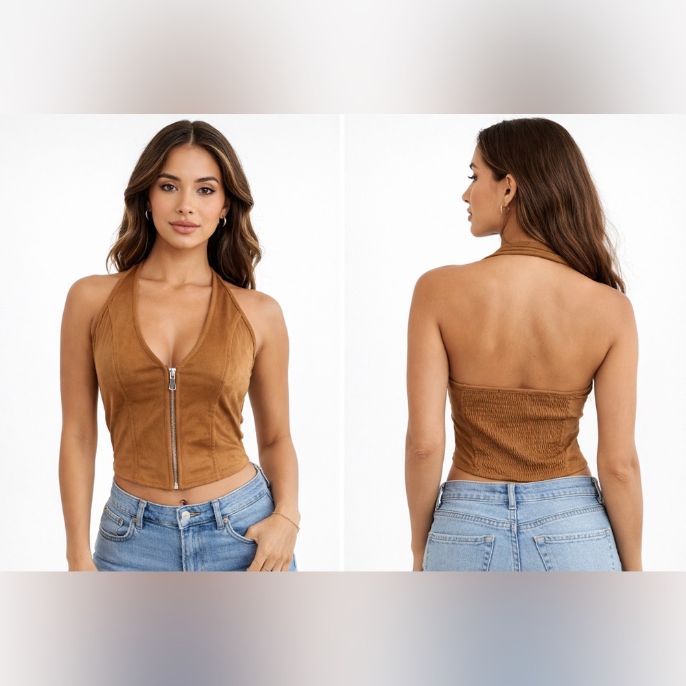 Sugarkiss Tan Zip-Up Halter Crop Top
